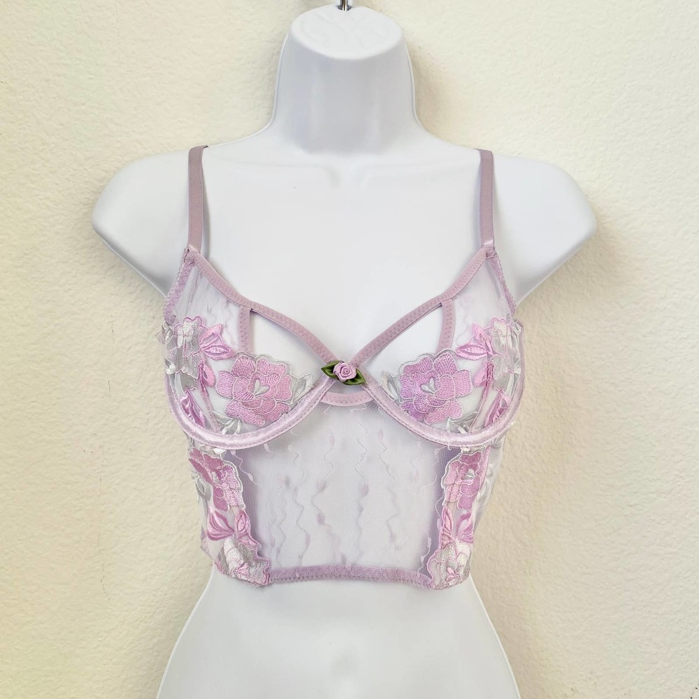 Lavender Floral Bustier Lingerie Cami Corset Bralette Light Purple Fairy Rose XS